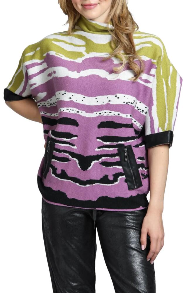 APNY Tiger Pattern Dolman Sleeve Sweater with Faux Leather Trim in Magenta Multi Cover