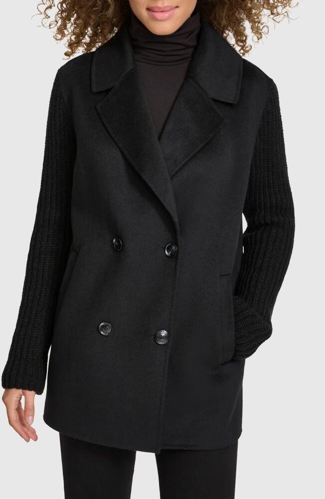 Kenneth Cole Double Breasted Knit Sleeve Double Face Wool Blend Coat in Black Cover