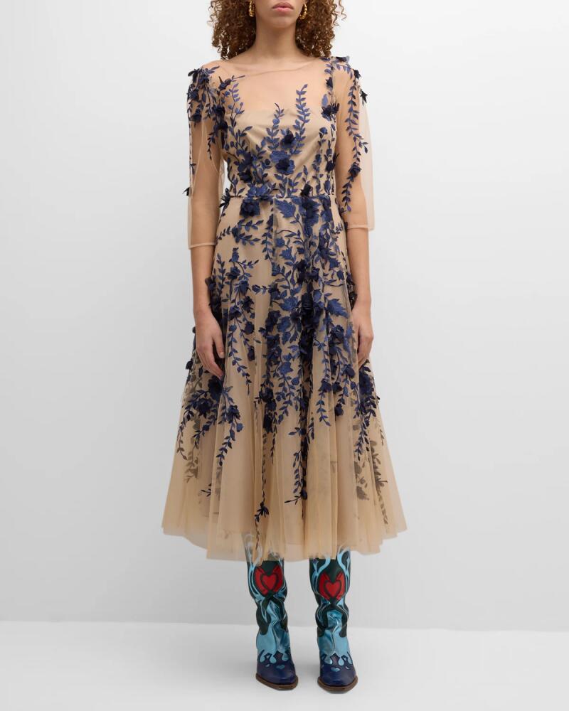 Maison Common Floral Embroidered Tulle Fit-Flare Midi Dress Cover