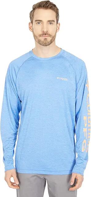 Columbia Terminal Tackle Heather Long Sleeve Shirt (Vivid Blue Heather/Bright Nectar Logo) Men's Long Sleeve Pullover Cover