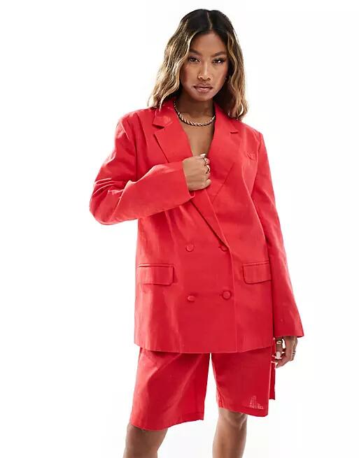 Kaiia linen look tailored oversized double breasted blazer in red - part of a set Cover