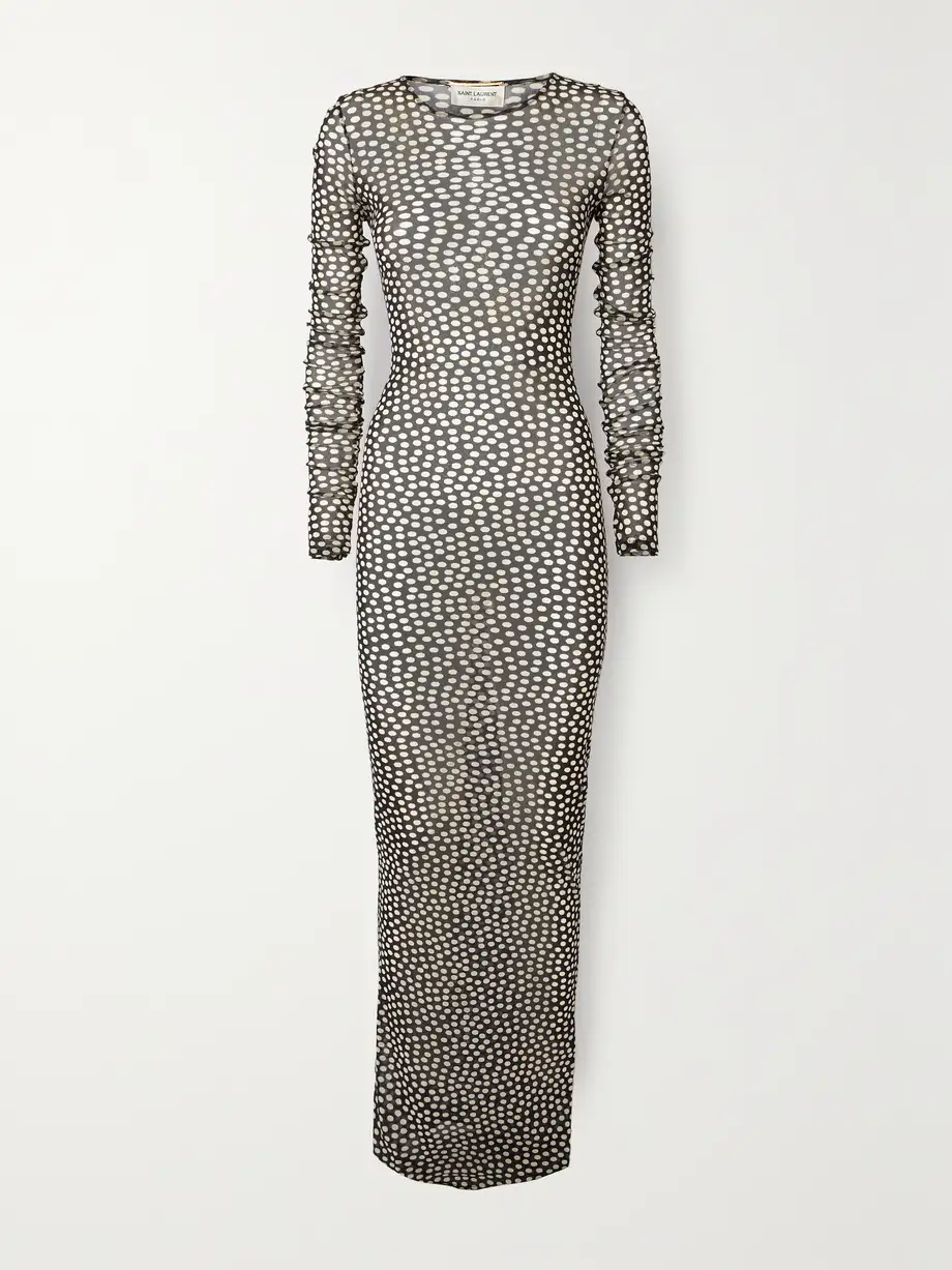 SAINT LAURENT - Polka-dot Mesh Maxi Dress - Black Cover