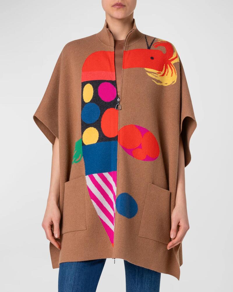 Akris Reversible Rooster Intarsia Cashmere Double-Face Knit Cape Cover