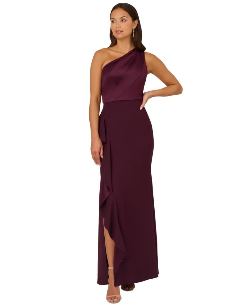 Adrianna Papell One-Shoulder Satin-Trim Draped Gown - Bordeaux Glow Cover