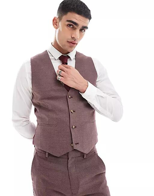 ASOS DESIGN wedding skinny suit vest in burgundy microtexture-Red Cover