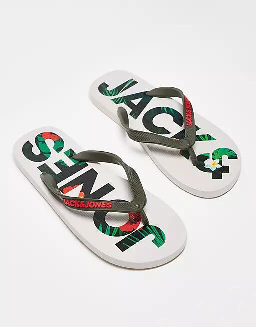 Jack & Jones flip flops with floral logo in green Cover