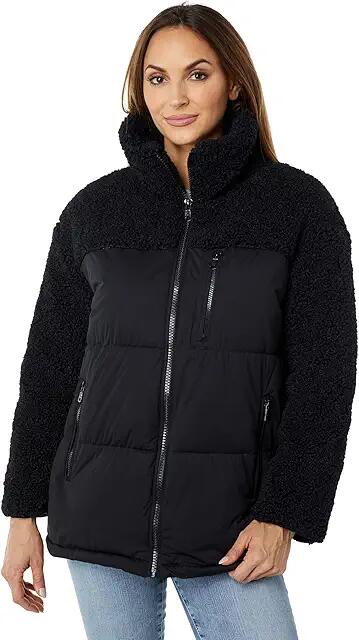 Avec Les Filles Mixed Media Short Puffer Coat (Black Sherpa Combo) Women's Clothing Cover