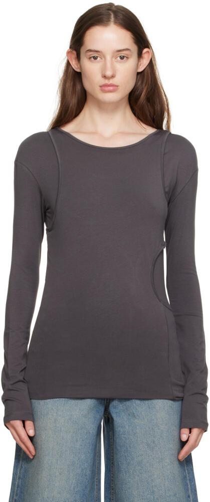 LOW CLASSIC Gray Asymmetric Hole Point Long Sleeve T-Shirt Cover