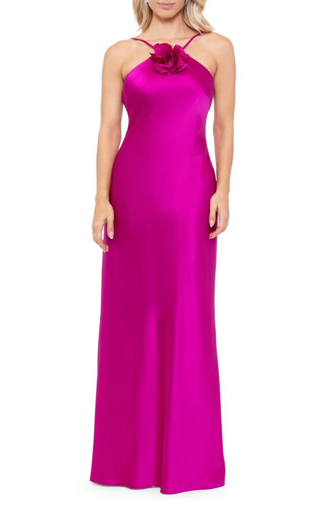 Xscape Evenings Rose Appliqué Satin Gown in Magenta Cover