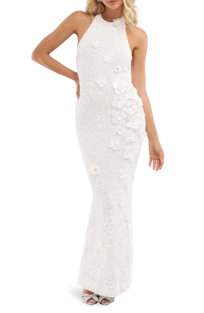 HELSI Brice Sequin & Floral Appliqué Stretch Velvet Column Gown in White Cover