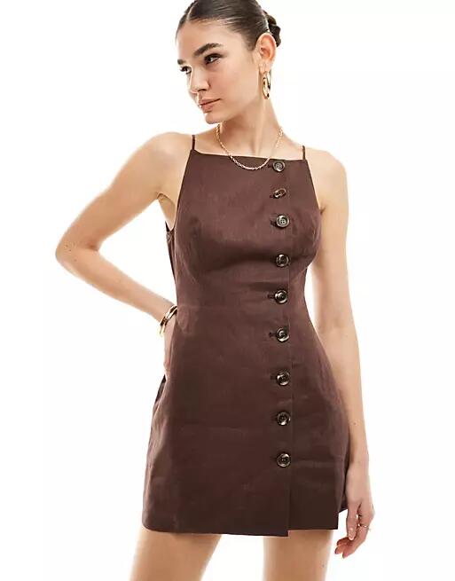 SNDYS linen square neck button down cami mini dress in chocolate-Brown Cover