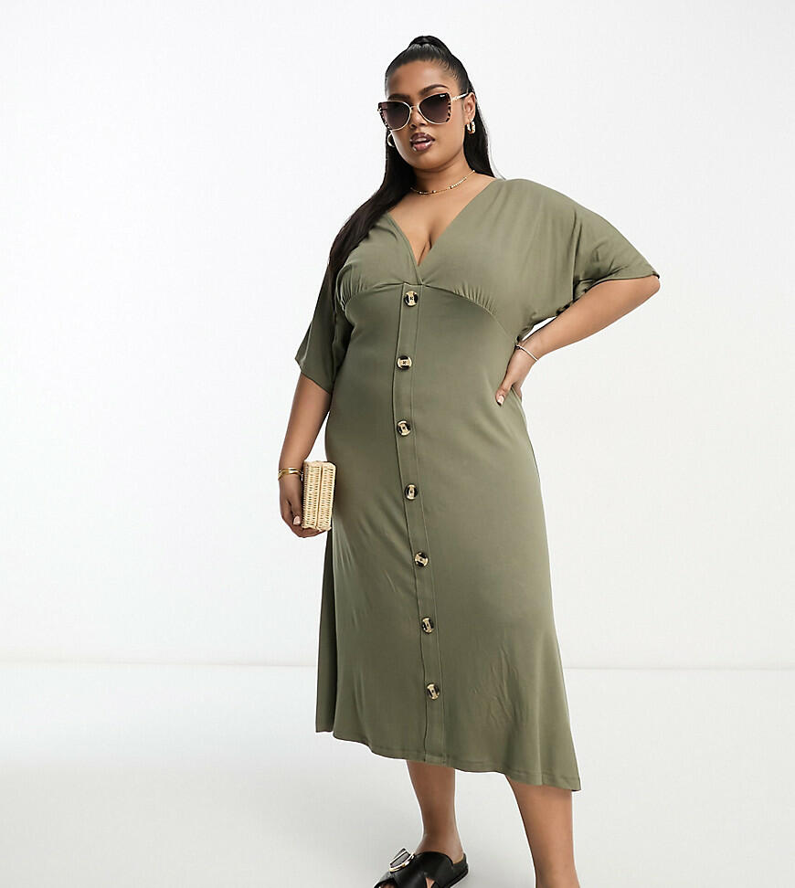 ASOS DESIGN Curve flutter sleeve midi tea dress with buttons in khaki-Green Cover