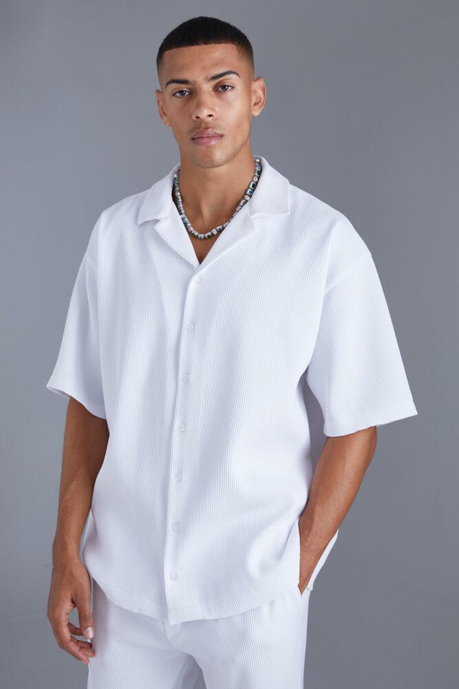 boohoo Mens Short Sleeve Revere Oversized Fit Pleated Shirt - White Cover