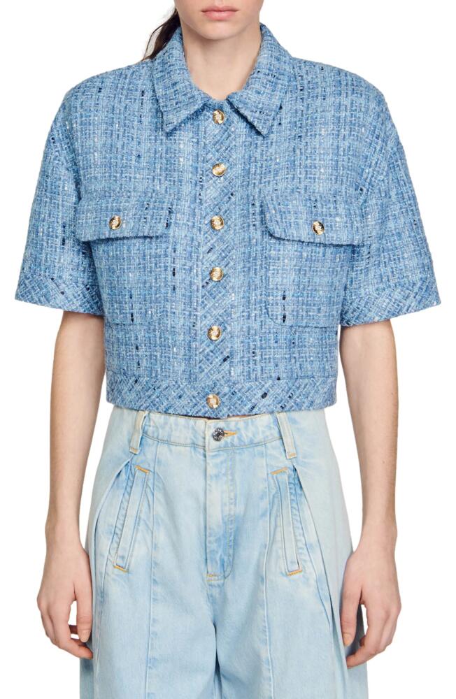 sandro Nelle Short Sleeve Tweed Crop Jacket in Blue Cover