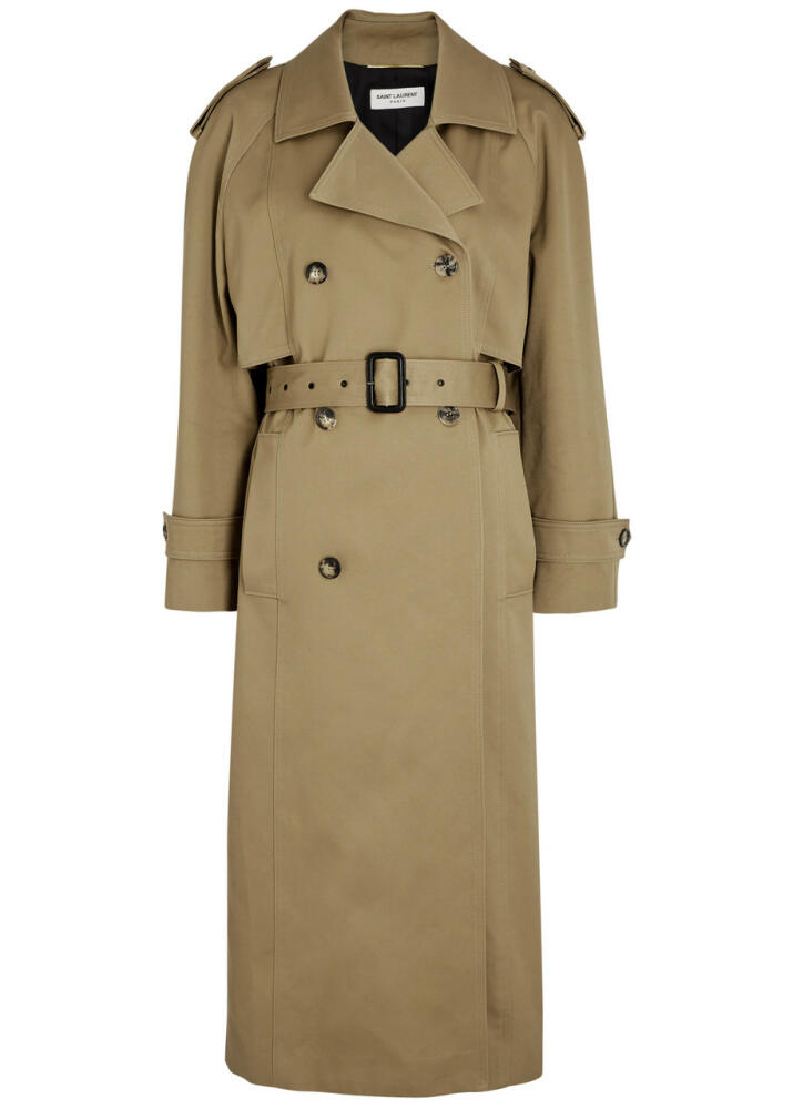 Saint Laurent - Women's Beige Double-breasted Cotton Trench Coat - Size 10, Raglan Sleeves & Detachable Belt Cover