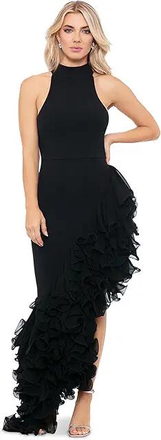 Betsy & Adam Long asymetrical ruffled mock neck (Black) Women's Dress Cover