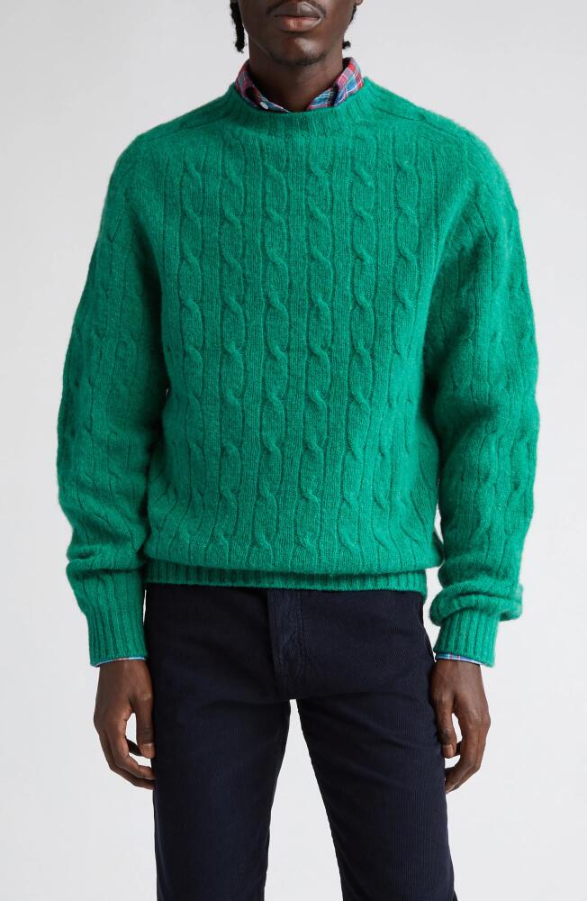 Drake's Shetland Cable Knit Wool Crewneck Sweater in Pixie Cover