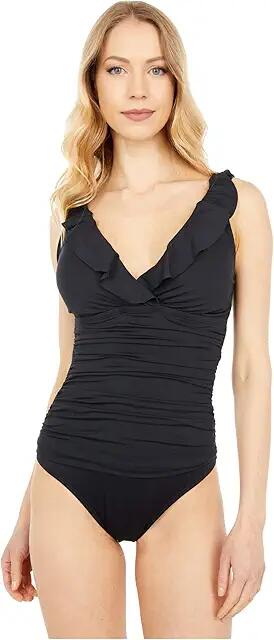 La Blanca Island Goddess Ruffle Surplice Mio One-Piece (Black) Women's Swimsuits One Piece Cover