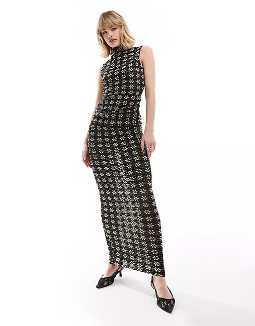 Lioness mesh sleeveless high neck maxi dress in black flower print Cover