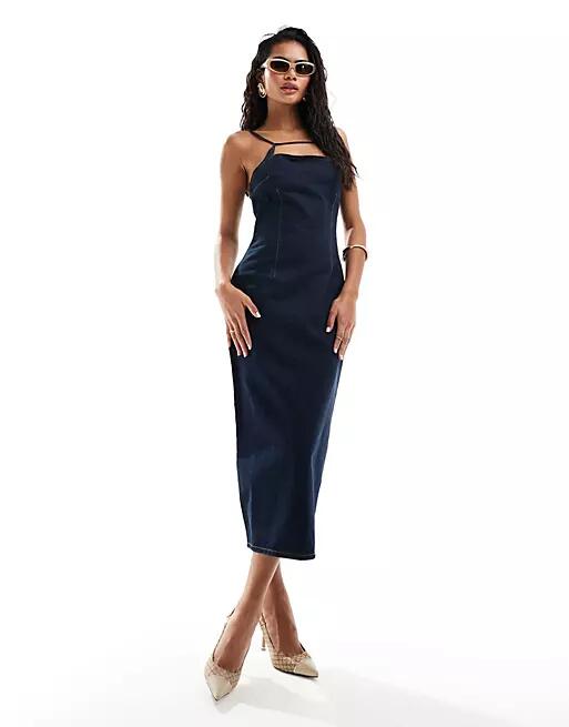 Lioness denim strappy square neck midi dress in indigo-Navy Cover