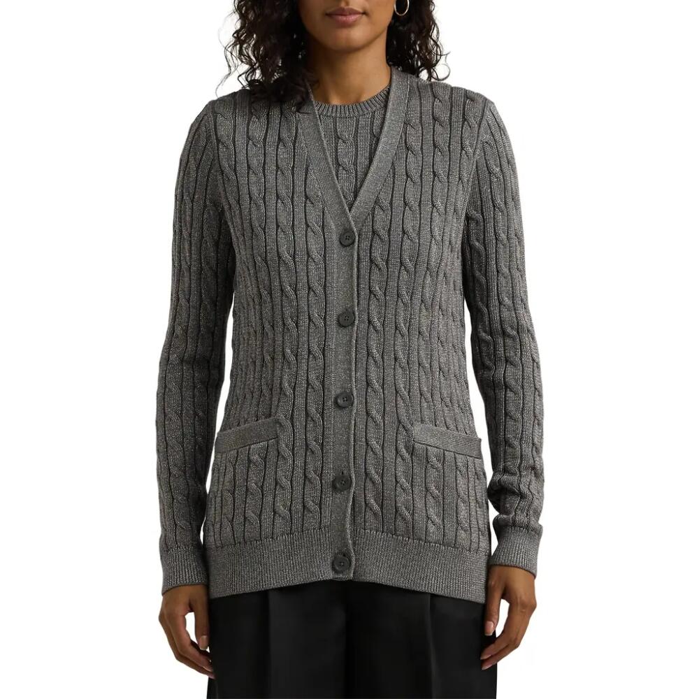 Lauren Ralph Lauren Metallic Cable Stitch Cardigan in Deco Pewter Cover