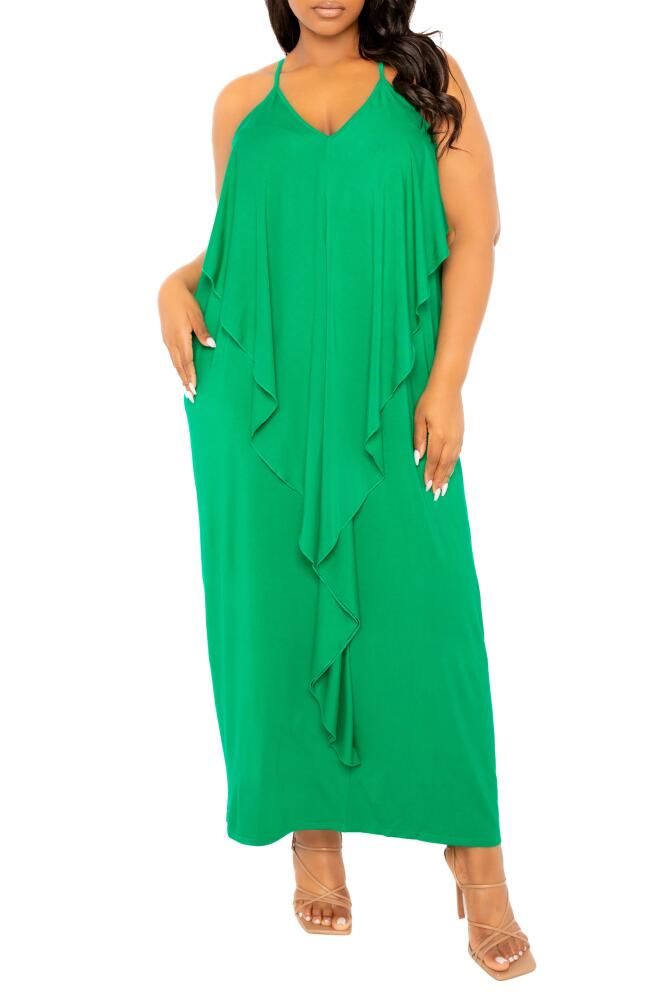 BUXOM COUTURE Cascade Ruffle Racerback Maxi Dress in Green Cover