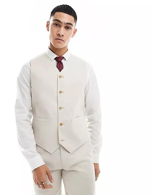 ASOS DESIGN slim with linen suit vest in stone-Neutral Cover