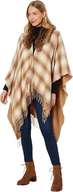 Lauren Ralph Lauren Reversible Plaid Ruana with Faux Fur Collar (Camel/Cream) Scarves Cover