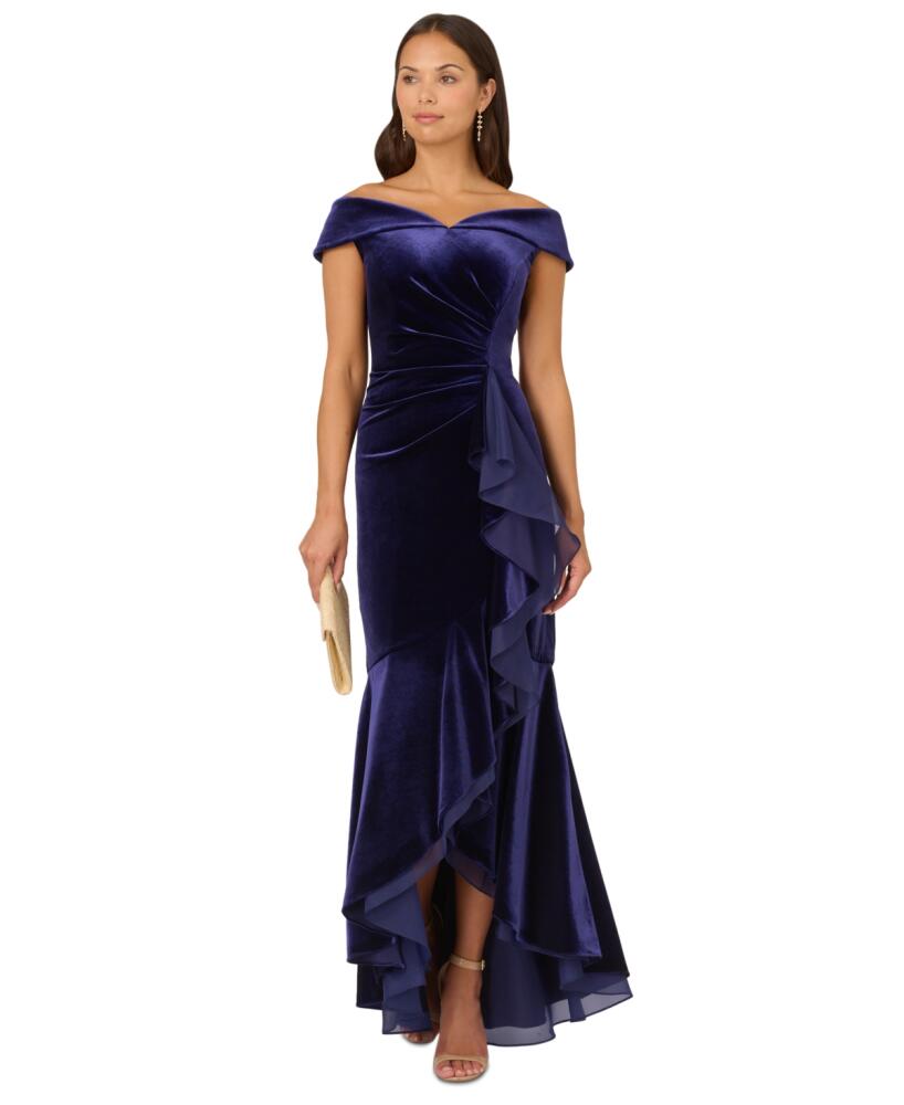 Adrianna Papell Women's Off-The-Shoulder Organza-Trim Velvet Gown - Majestic Indigo Cover