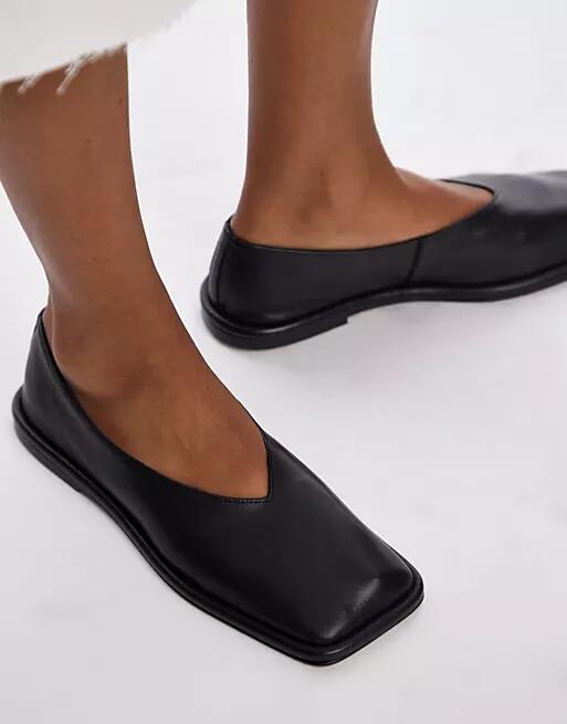 Topshop Charlotte leather square toe unlined flat shoes in black Cover