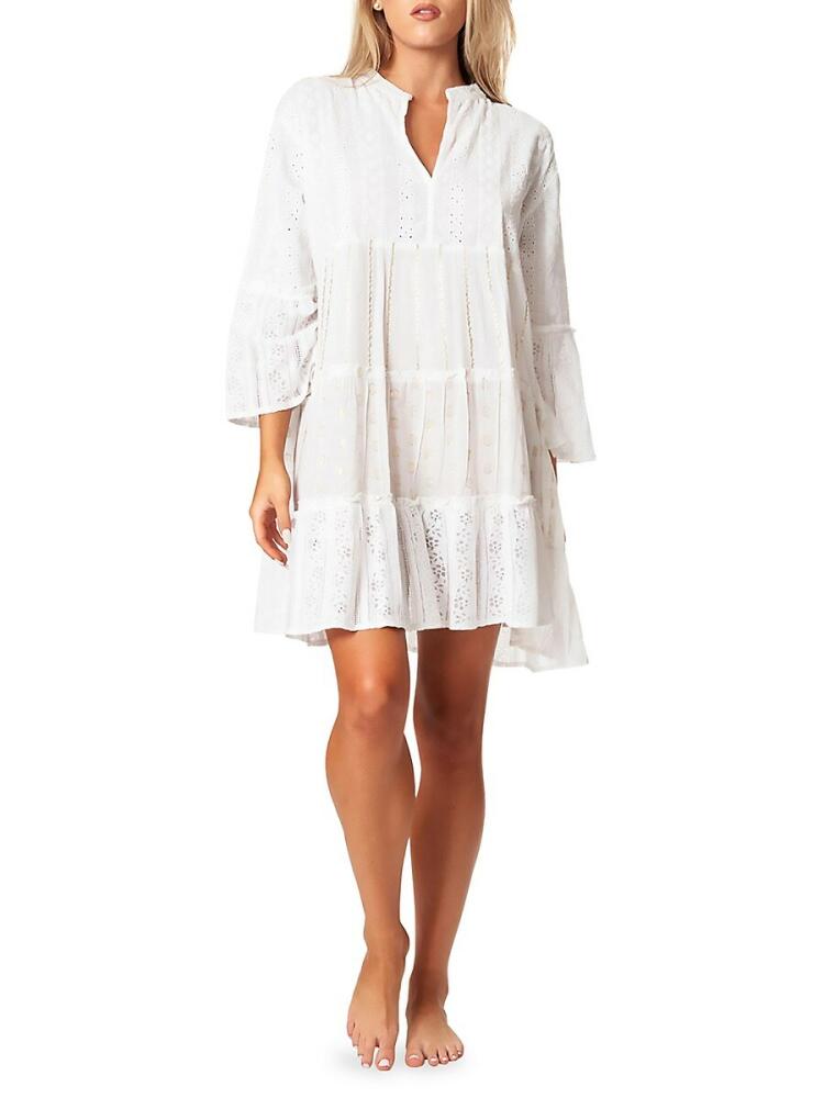 La Moda Clothing Women's Bell Sleeve Eyelet Cover Up Mini Dress - White Cover