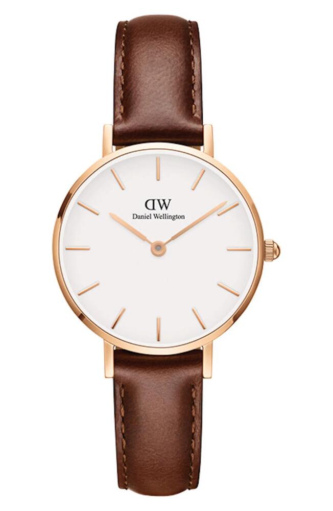 Daniel Wellington Classic Petite Leather Strap Watch, 28mm in Brown/White/Rose Gold Cover