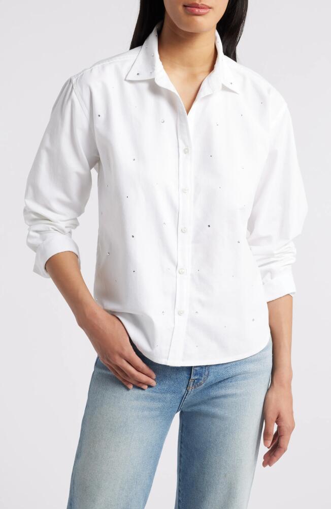 beachlunchlounge Irene Rhinestone Accent Cotton Button-Up Shirt in Classical White Cover