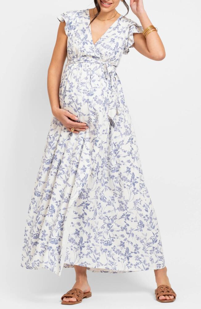 Seraphine Floral Wrap Maternity Dress in Blue Print Cover