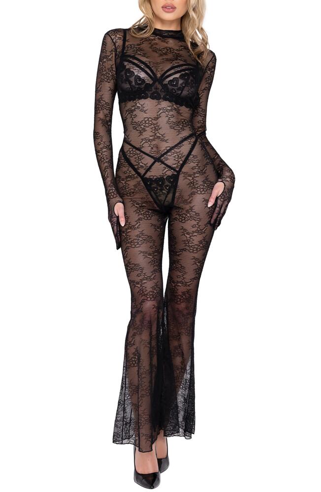 Roma Confidential Floral Long Sleeve Lace Bell Bottom Catsuit in Black Cover