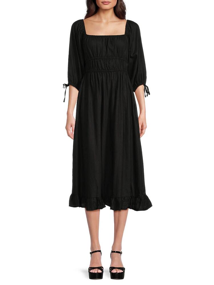 Avec Les Filles Women's Linen Blend A-Line Midi Dress - Black Cover