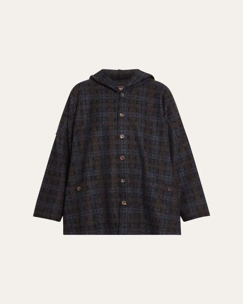 Eskandar Hooded Plaid Coat with Raw Edges (Long Length) Cover