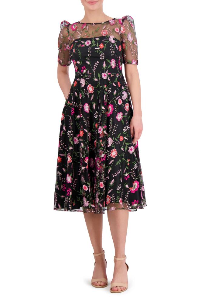 Eliza J Embroidered Illusion Neck Cocktail Midi Dress in Black Magenta Cover