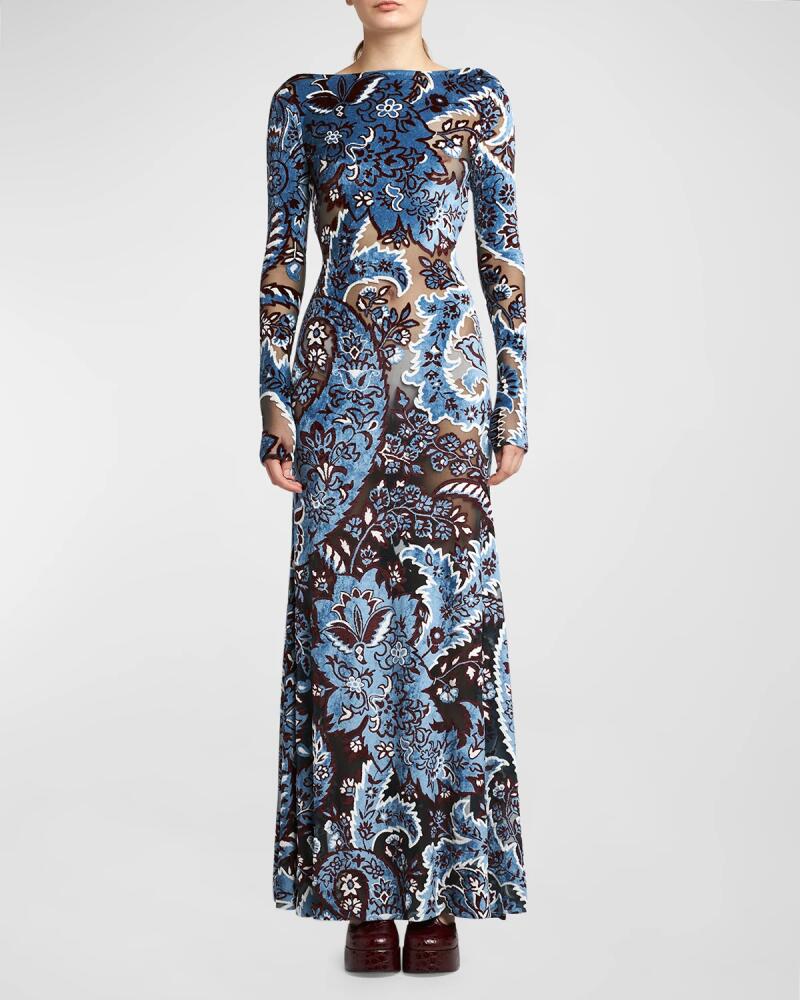 Etro Paisley Devore Mesh Long-Sleeve Backless Gown Cover