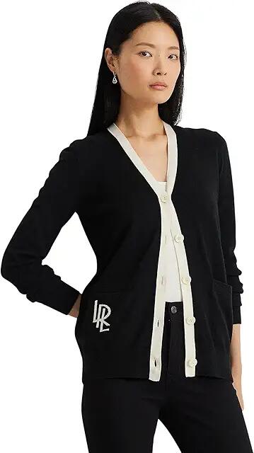 Lauren Ralph Lauren Two-Tone Cotton-Blend Cardigan (Black/Mascarpone Cream) Women's Sweater Cover