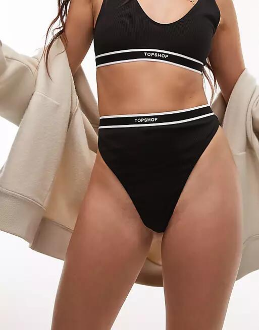 Topshop rib branded thong in black Cover