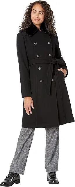 Vince Camuto Double Belted Wool with Faux Fur Collar V20731A-ME (Black) Women's Coat Cover