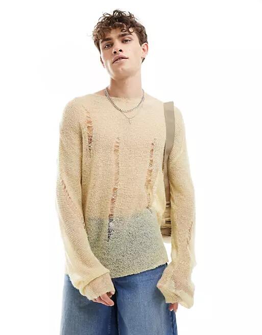 COLLUSION fine knit distressed sweater in light yellow Cover