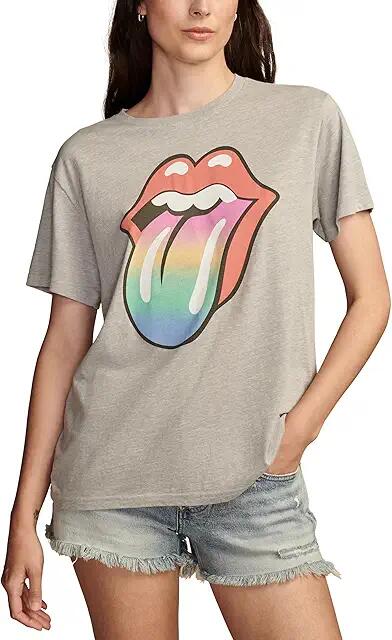 Lucky Brand Rolling Stones Rainbow Tongue Boyfriend Tee (Light Heather Gray) Women's Clothing Cover