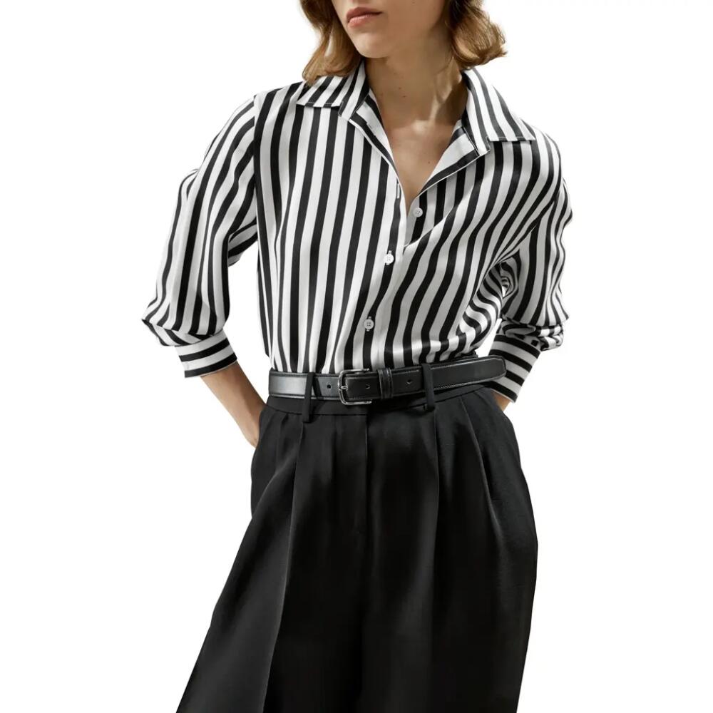 Lilysilk The Amalfi Stripe Silk Shirt in Black-White Pinstripes Cover