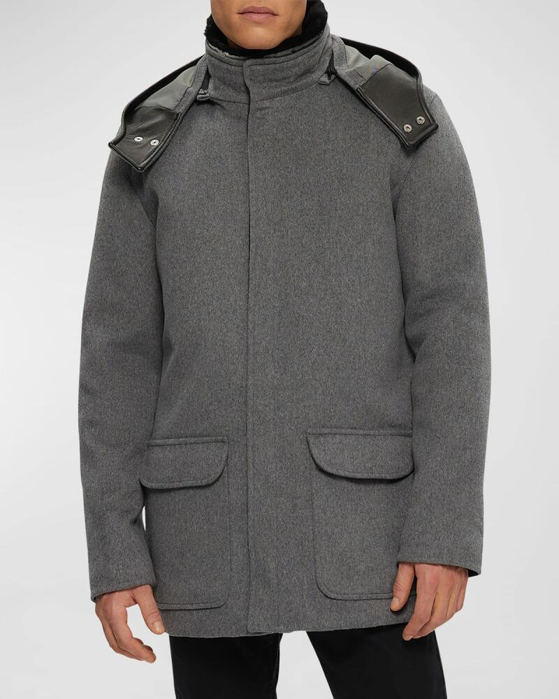 Gorski Men's Lamb Shearling-Collar Brushed Wool Parka Jacket With Detachable Hood Cover