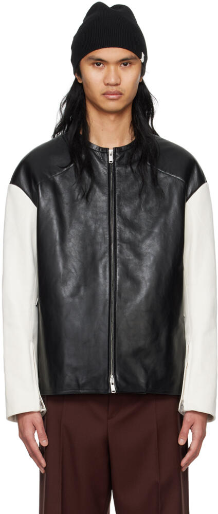 Jil Sander Black & White Zip Leather Biker Jacket Cover