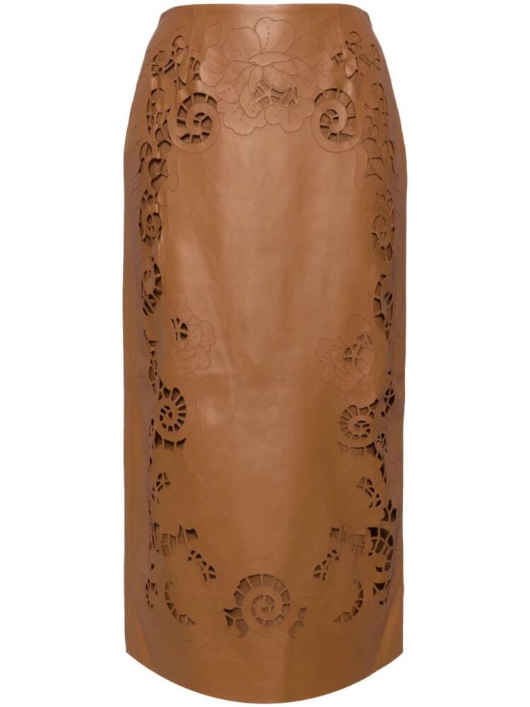 Oscar de la Renta laser cut-detail leather midi skirt - Brown Cover