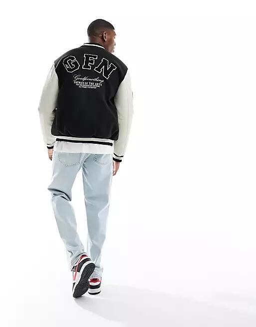 Good For Nothing logo varsity jacket in black and cream Cover