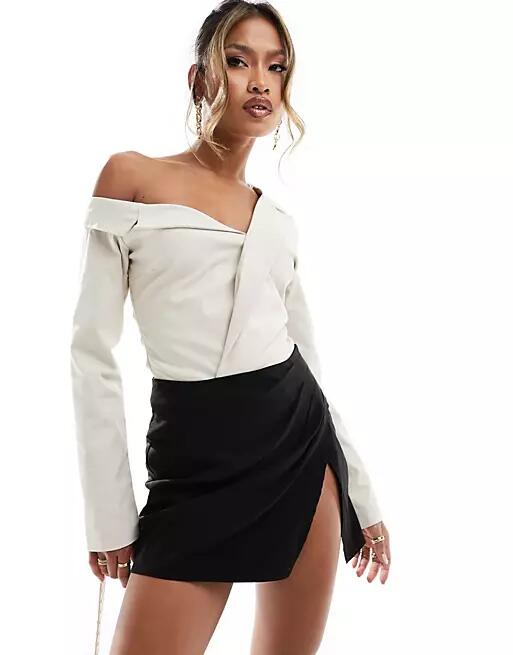 Simmi tailored off the shoulder bodysuit in stone-Neutral Cover